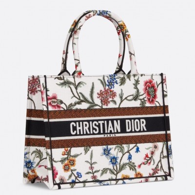 Dior Medium Book Tote Bag In White Dior Petites Fleurs Embroidery LDBS240468