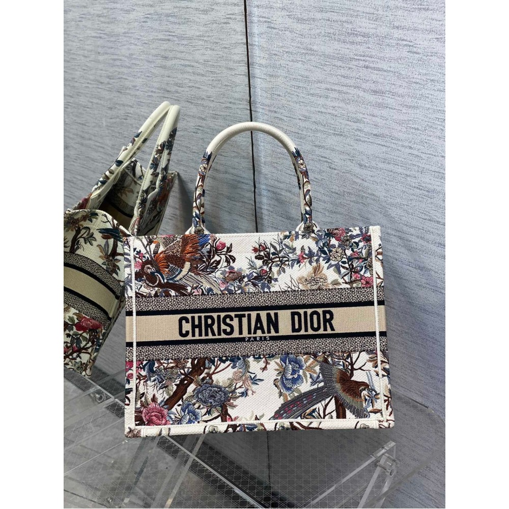 Dior Medium Book Tote Bag In White Jardin d'Hiver Embroidery LDBS240469