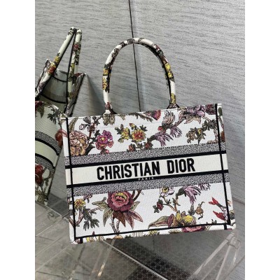 Dior Medium Book Tote Bag In White Multicolor Jardin Botanique Embroidery LDBS240471