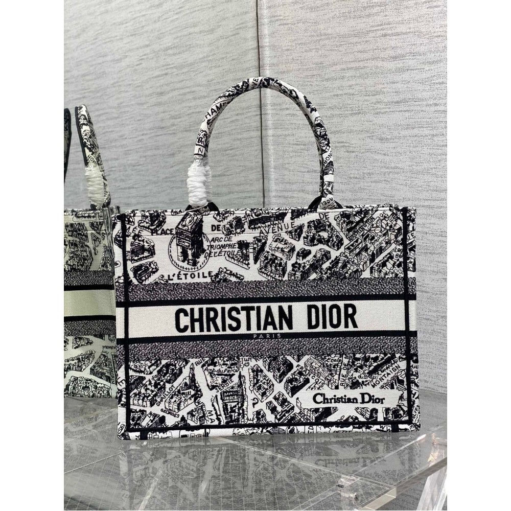 Dior Medium Book Tote Bag In White Plan de Paris Embroidery LDBS240472