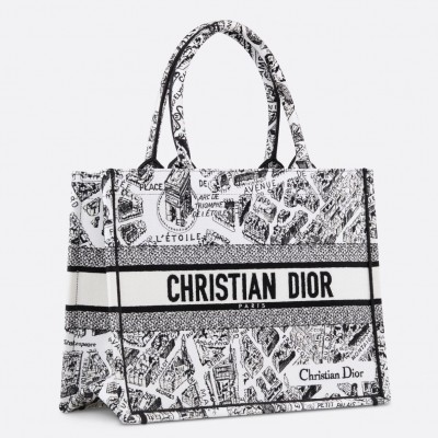 Dior Medium Book Tote Bag In White Plan de Paris Embroidery LDBS240472