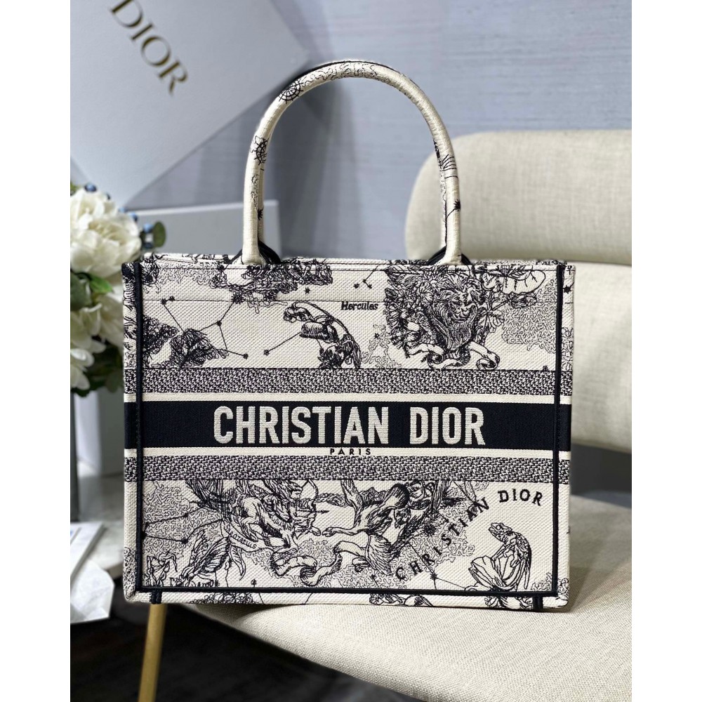 Dior Medium Book Tote Bag In White Toile de Jouy Zodiac Embroidery LDBS240477