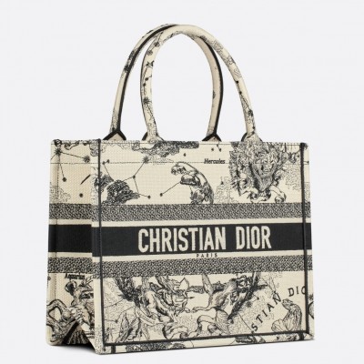 Dior Medium Book Tote Bag In White Toile de Jouy Zodiac Embroidery LDBS240477