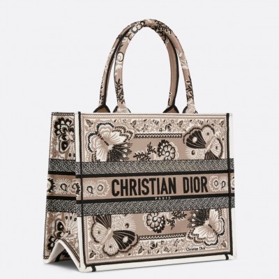 Dior Medium Book Tote Bag in Beige Butterfly Bandana Embroidery LDBS240431