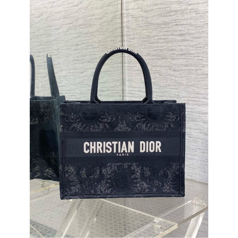 Dior Medium Book Tote Bag in Black Toile de Jouy Soleil Macrame Embroidery LDBS240438