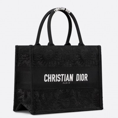 Dior Medium Book Tote Bag in Black Toile de Jouy Soleil Macrame Embroidery LDBS240438