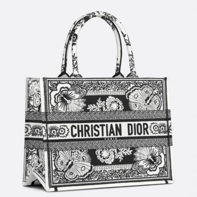 Dior Medium Book Tote Bag in Black and White Butterfly Bandana Embroidery LDBS240435