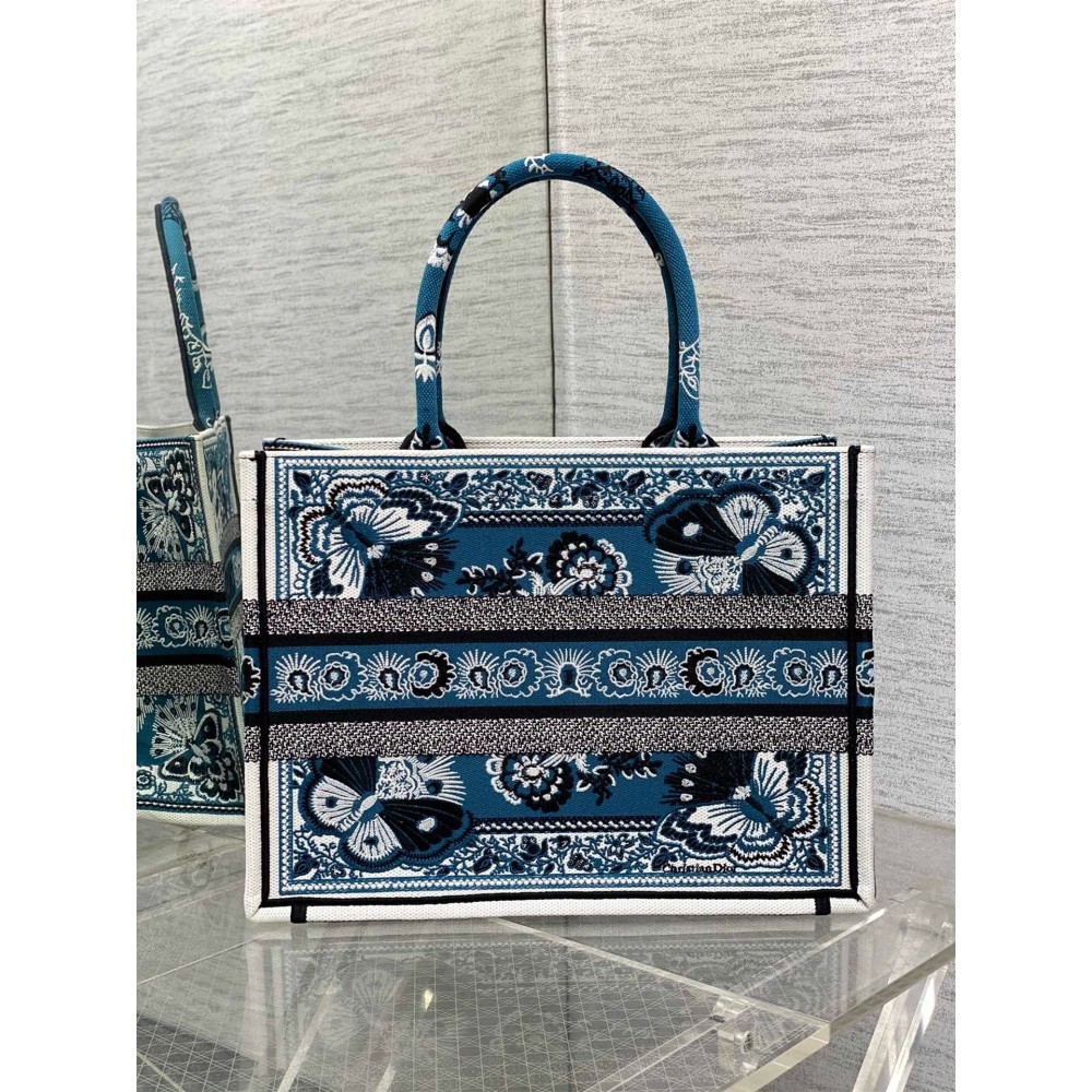 Dior Medium Book Tote Bag in Blue Butterfly Bandana Embroidery LDBS240440