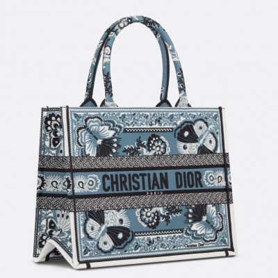 Dior Medium Book Tote Bag in Blue Butterfly Bandana Embroidery LDBS240440