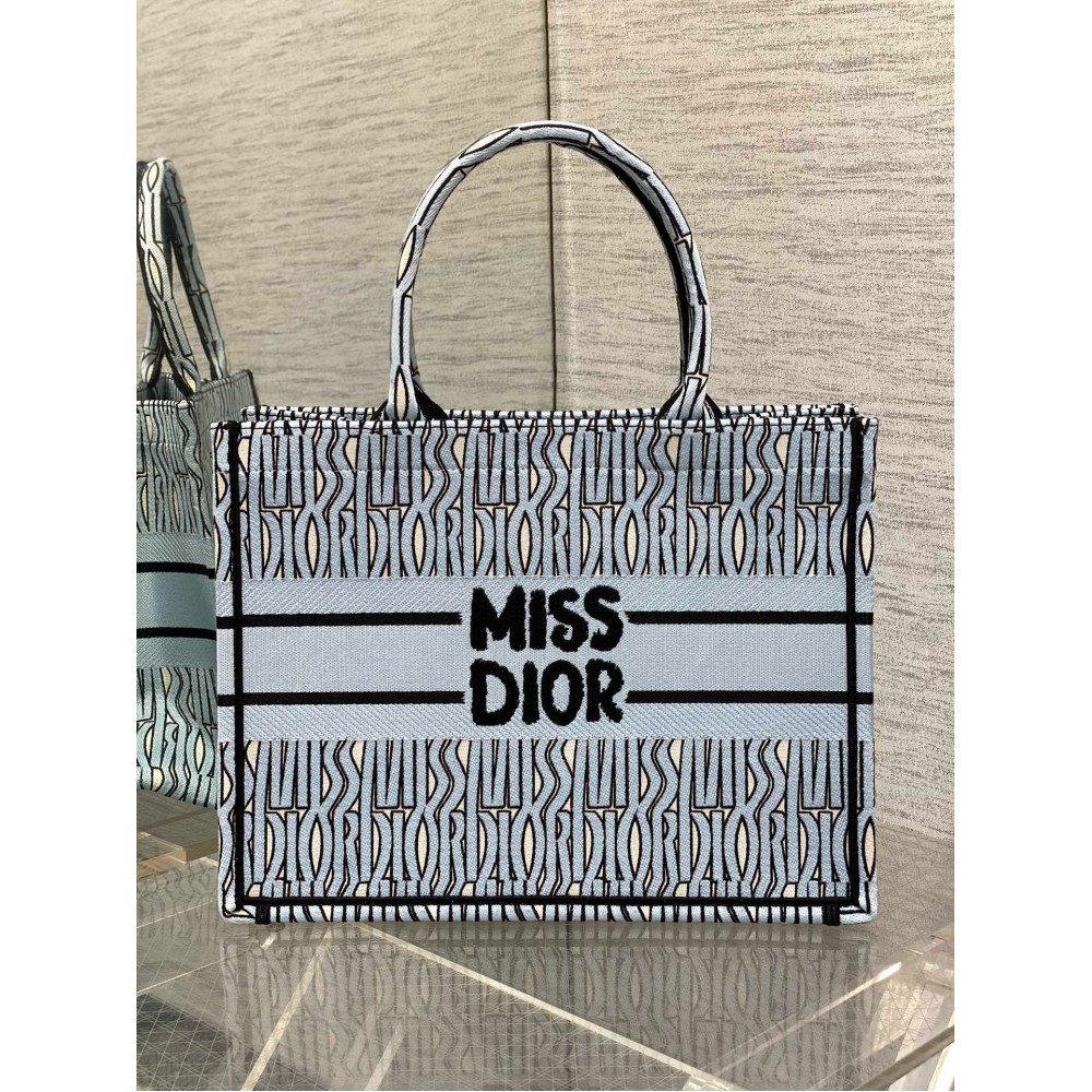 Dior Medium Book Tote Bag in Blue Miss Dior Allover Embroidery LDBS240443