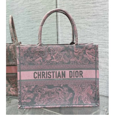 Dior Medium Book Tote Bag in Grey and Pink Toile de Jouy Reverse Embroidery LDBS240457