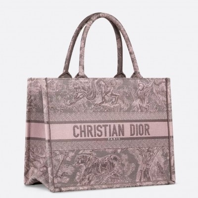 Dior Medium Book Tote Bag in Grey and Pink Toile de Jouy Reverse Embroidery LDBS240457