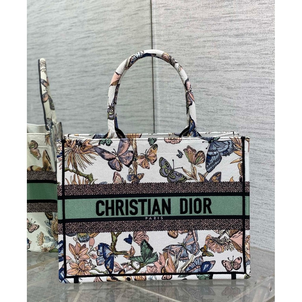 Dior Medium Book Tote Bag in White Toile de Jouy Mexico Embroidery LDBS240473