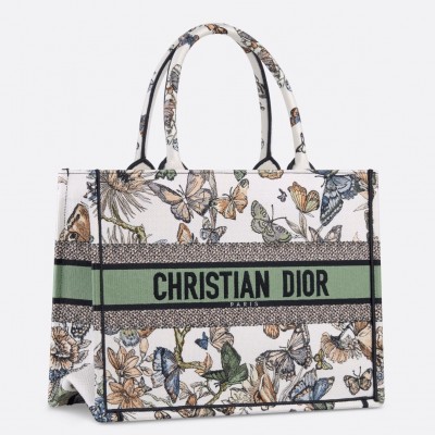 Dior Medium Book Tote Bag in White Toile de Jouy Mexico Embroidery LDBS240473