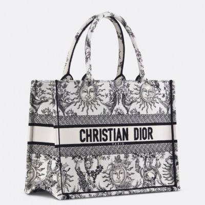 Dior Medium Book Tote Bag in White Toile de Jouy Soleil Embroidery LDBS240474