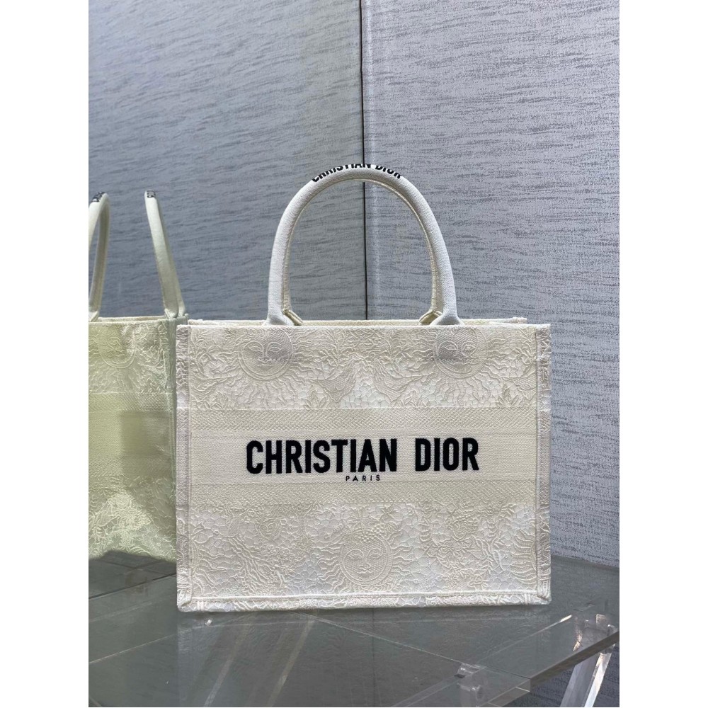 Dior Medium Book Tote Bag in White Toile de Jouy Soleil Macrame Embroidery LDBS240475