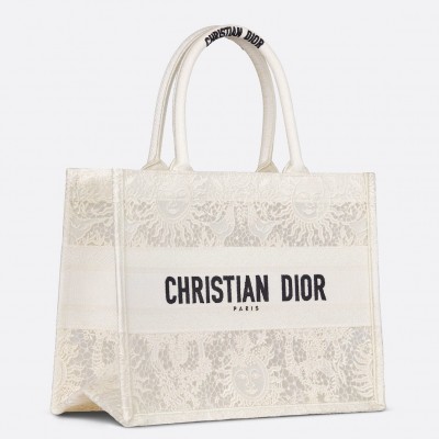 Dior Medium Book Tote Bag in White Toile de Jouy Soleil Macrame Embroidery LDBS240475