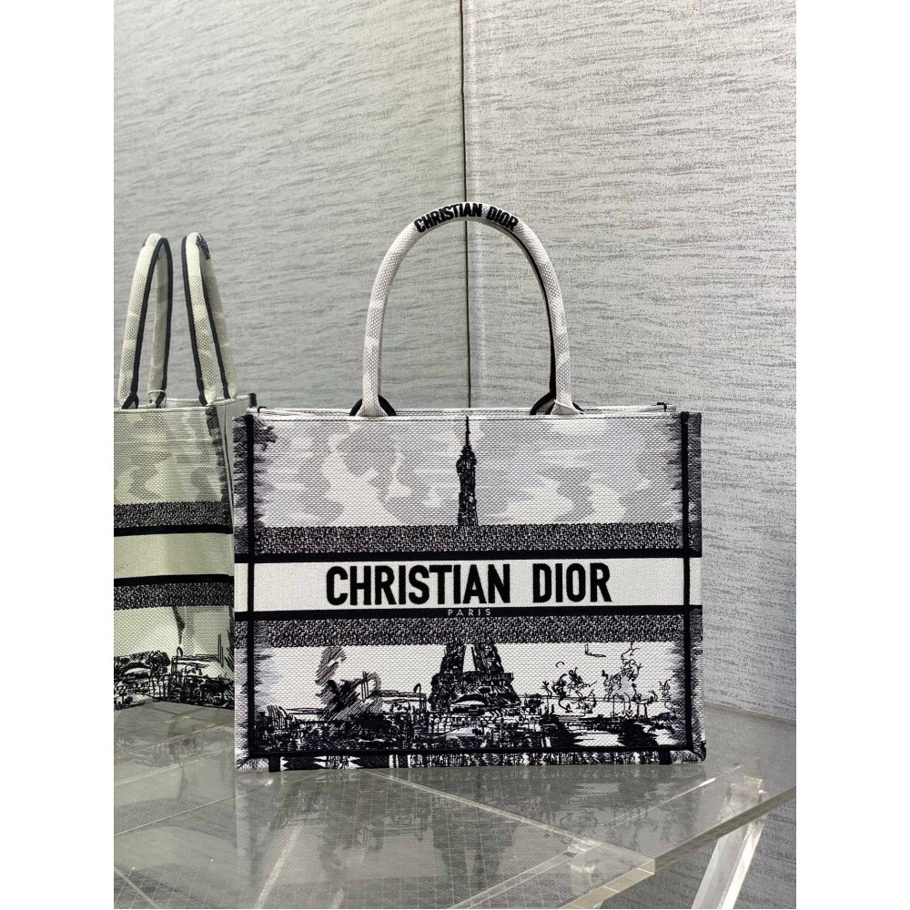 Dior Medium Book Tote Bag in White and Black Paris Embroidery LDBS240466