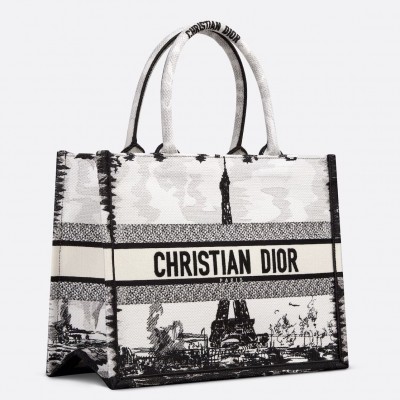 Dior Medium Book Tote Bag in White and Black Paris Embroidery LDBS240466