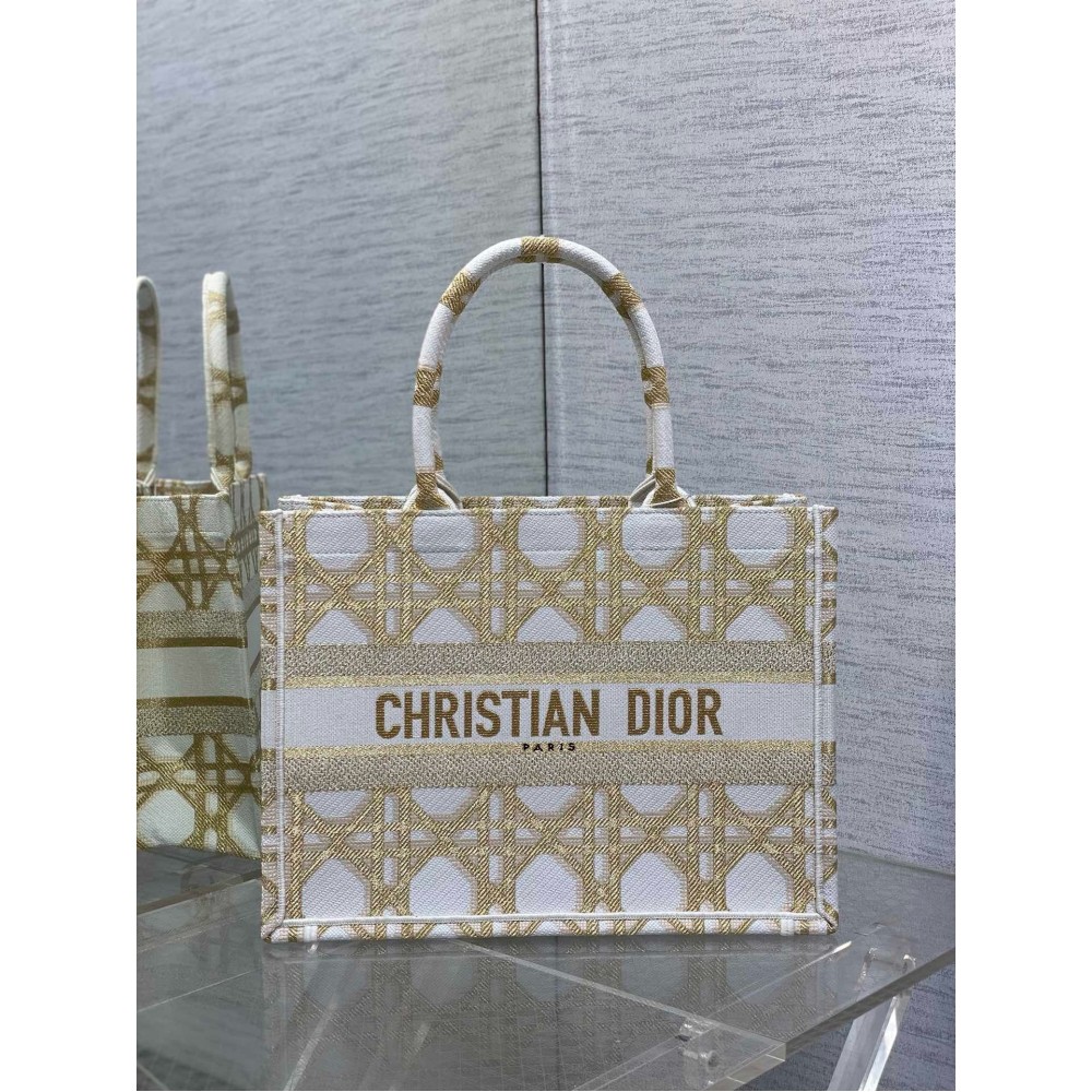 Dior Medium Book Tote Bag in White and Gold Macrocannage Embroidery LDBS240467