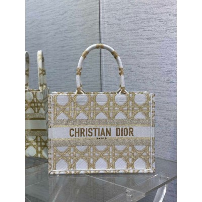 Dior Medium Book Tote Bag in White and Gold Macrocannage Embroidery LDBS240467