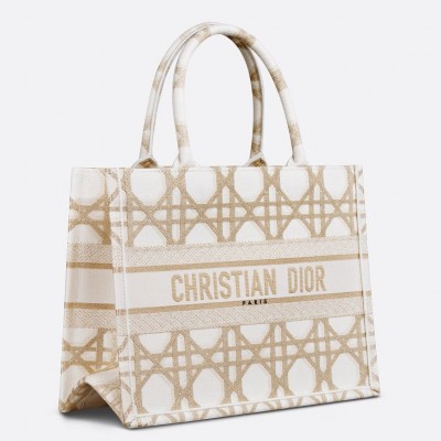 Dior Medium Book Tote Bag in White and Gold Macrocannage Embroidery LDBS240467