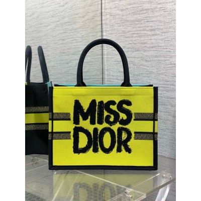 Dior Medium Book Tote Bag in Yellow and Blue Miss Dior Graffiti Embroidery LDBS240478