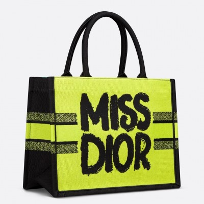 Dior Medium Book Tote Bag in Yellow and Blue Miss Dior Graffiti Embroidery LDBS240478