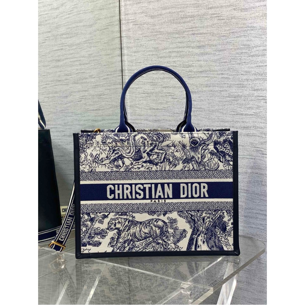 Dior Medium Book Tote Bag with Strap in Blue Toile de Jouy Sauvage Embroidery LDBS240482