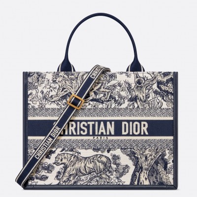 Dior Medium Book Tote Bag with Strap in Blue Toile de Jouy Sauvage Embroidery LDBS240482