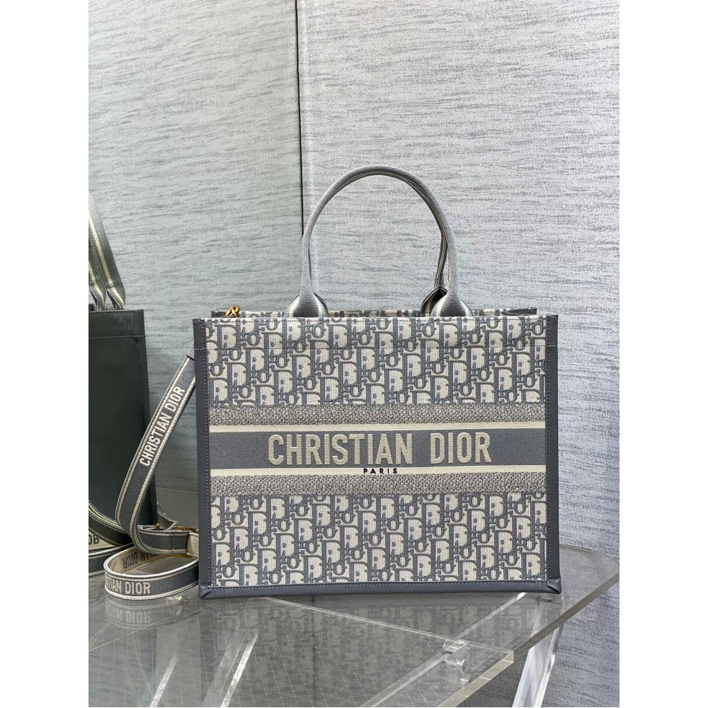 Dior Medium Book Tote Bag with Strap in Oblique Embroidery and Grey Calfskin LDBS240484