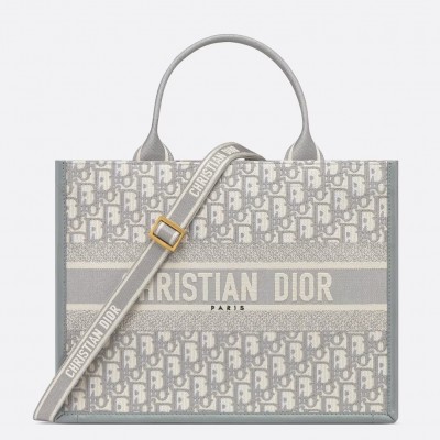 Dior Medium Book Tote Bag with Strap in Oblique Embroidery and Grey Calfskin LDBS240484