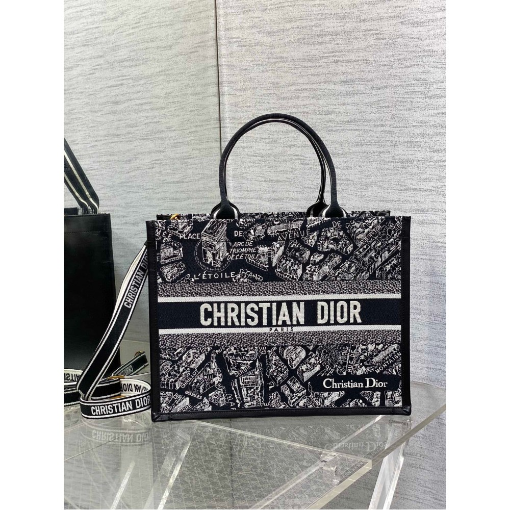 Dior Medium Book Tote Bag with Strap in Plan de Paris Embroidery and Black Calfskin LDBS240485