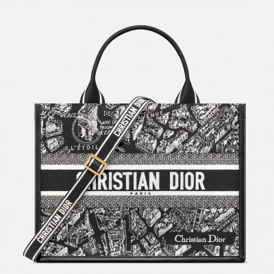 Dior Medium Book Tote Bag with Strap in Plan de Paris Embroidery and Black Calfskin LDBS240485