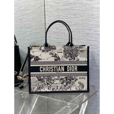 Dior Medium Book Tote Bag with Strap in White Dior Zodiac Embroidery LDBS240487