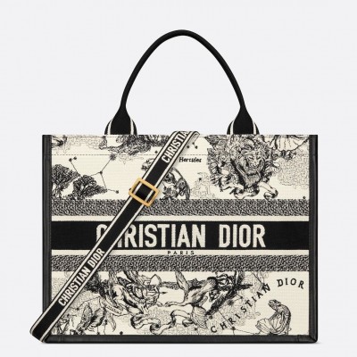 Dior Medium Book Tote Bag with Strap in White Dior Zodiac Embroidery LDBS240487