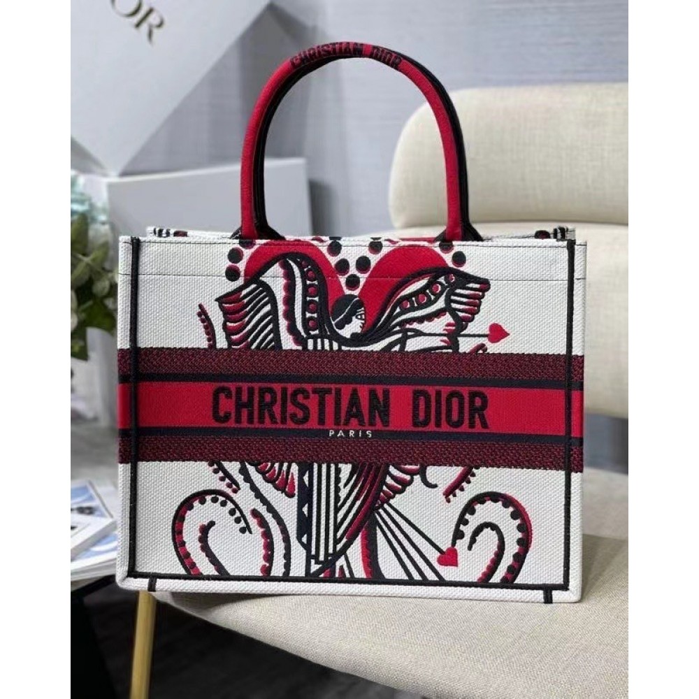 Dior Medium Book Tote In Latte Multicolor Cupidon Embroidery LDBS240493