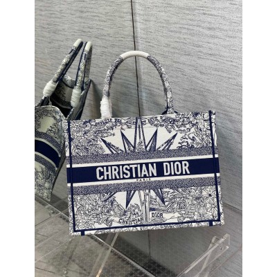 Dior Medium Dior Book Tote In White and Blue Reve d'Infini Embroidery LDBS240496