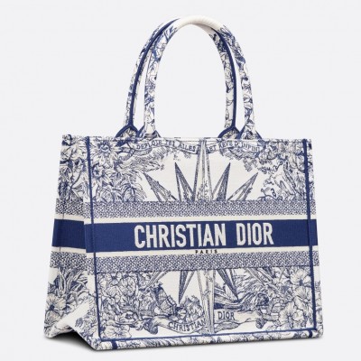 Dior Medium Dior Book Tote In White and Blue Reve d'Infini Embroidery LDBS240496