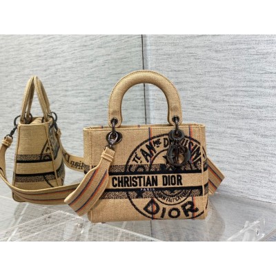 Dior Medium Lady D-Lite Bag In Beige Jute Canvas with Dior Union Motif LDBS240541