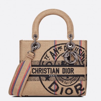 Dior Medium Lady D-Lite Bag In Beige Jute Canvas with Dior Union Motif LDBS240541