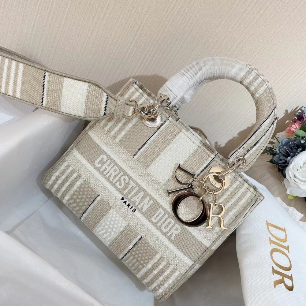 Dior Medium Lady D-Lite Bag In Beige Stripes Embroidery LDBS240543