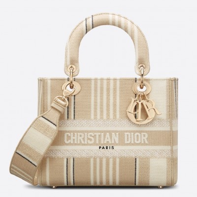 Dior Medium Lady D-Lite Bag In Beige Stripes Embroidery LDBS240543