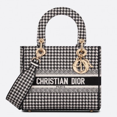 Dior Medium Lady D-Lite Bag In Black Houndstooth Embroidery LDBS240545