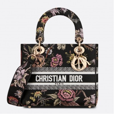 Dior Medium Lady D-Lite Bag In Black Jardin Botanique Embroidery LDBS240546