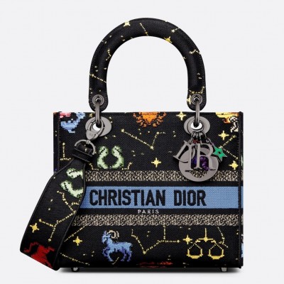 Dior Medium Lady D-Lite Bag In Black Pixel Zodiac Embroidery LDBS240547