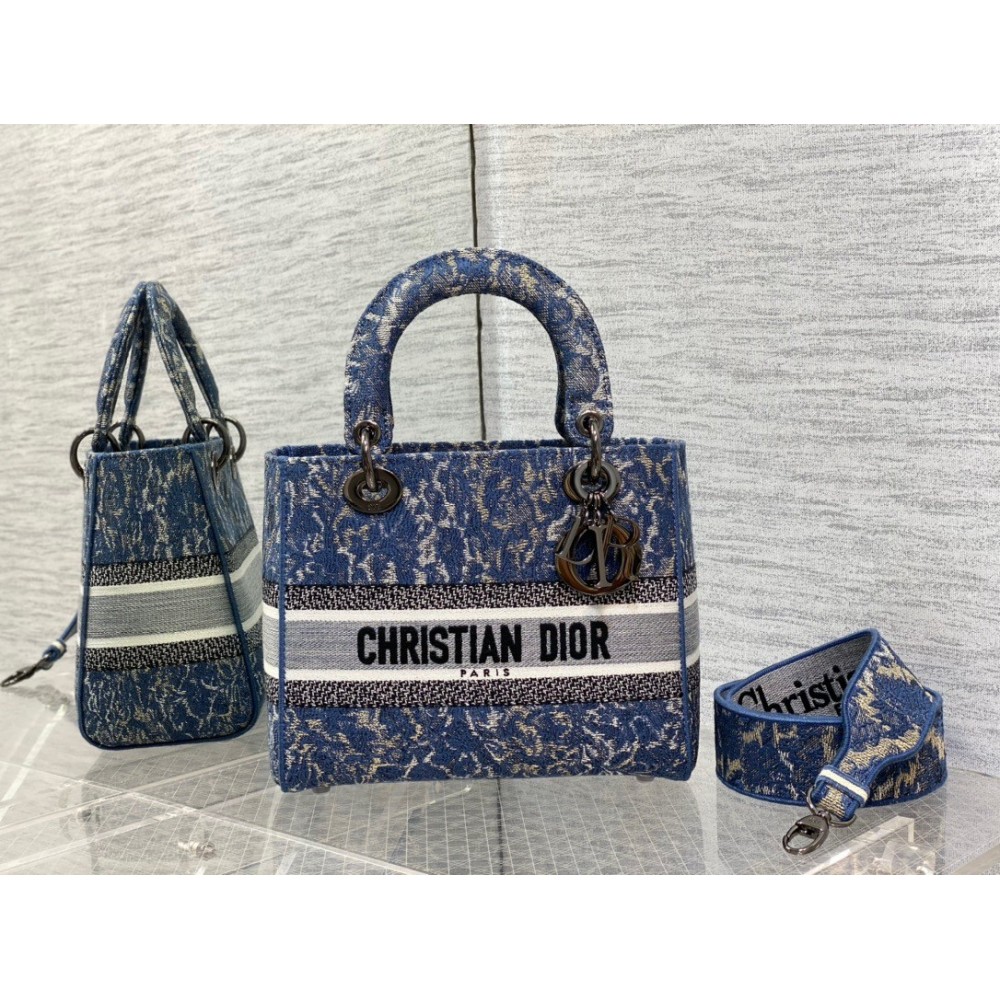 Dior Medium Lady D-Lite Bag In Blue Brocart Denim-Effect Embroidery LDBS240548