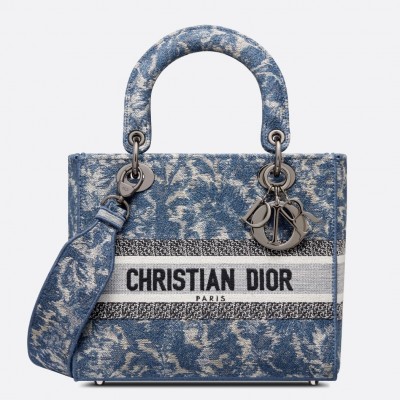 Dior Medium Lady D-Lite Bag In Blue Brocart Denim-Effect Embroidery LDBS240548