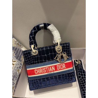 Dior Medium Lady D-Lite Bag In Blue Crocodile Embroidered Velvet LDBS240549