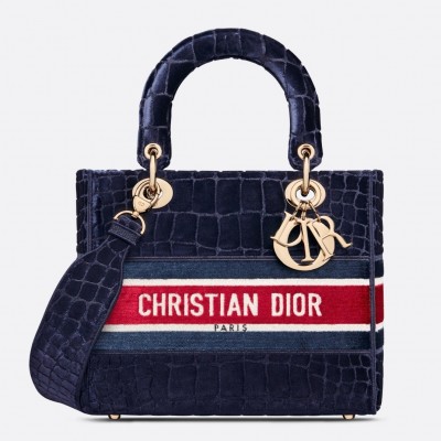 Dior Medium Lady D-Lite Bag In Blue Crocodile Embroidered Velvet LDBS240549